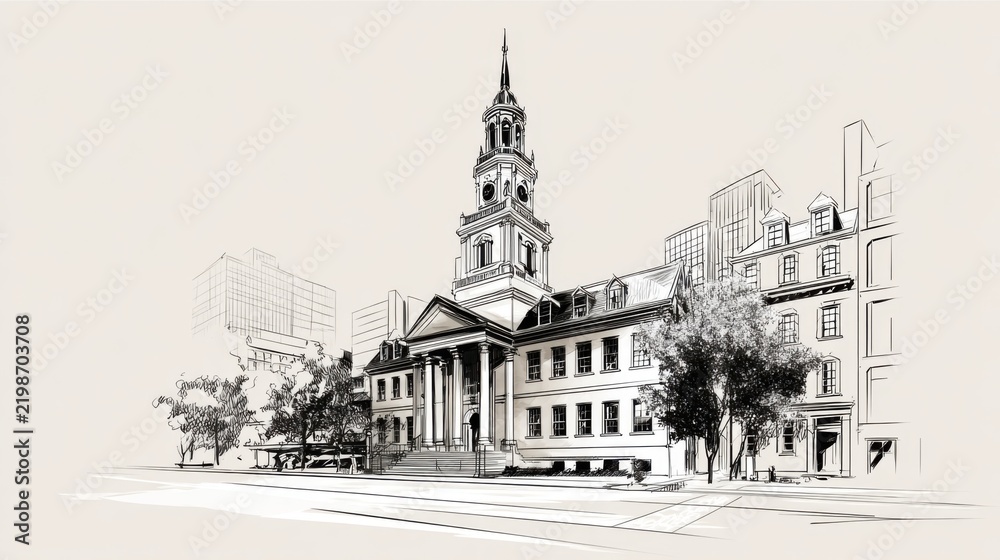 Fototapeta premium Architectural Sketch of Historic Building with Clock Tower Design