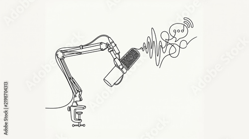 Microphone line art sound wave speech bubble podcast broadcasting communication audio studio recording voice technology media
