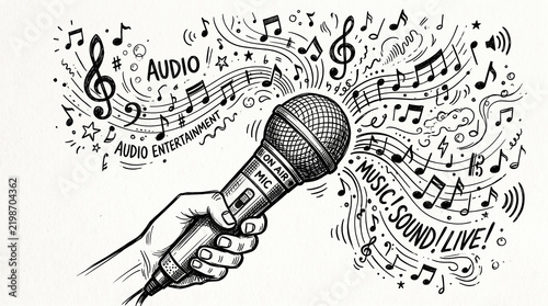 Microphone with musical notes and sound waves representing live music and audio entertainment in black and white sketch style