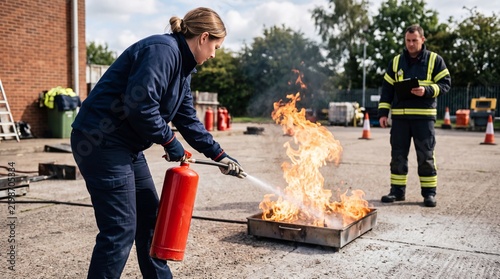 Fire safety training session with woman using extinguisher and tutor