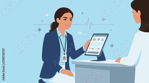 Doctor showing medical data on tablet to patient, healthcare concept