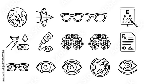 Optometrist and Eye Care Outline Icons – Human Vision and Lens Vector Set
