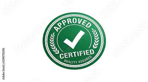 Approved and certified quality assured seal vector. Green round badge with checkmark and laurel wreath