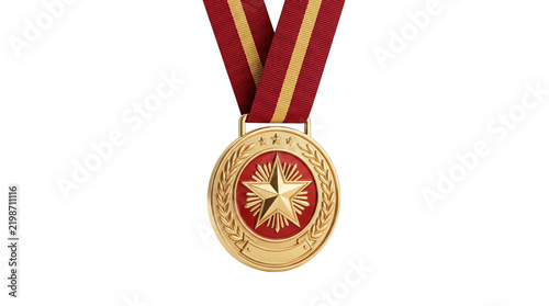 Gold medal and red ribbon award photo. Shiny metallic medallion with star symbol
