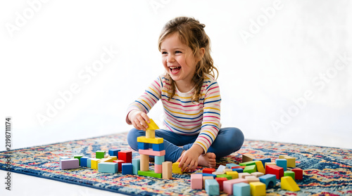 Young child laughing while playing with colorful building blocks on a soft play mat in a bright indoor setting