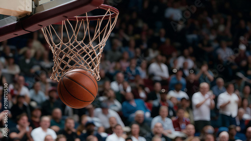 Basketball ball swishing through hoop net during competitive game in indoor arena