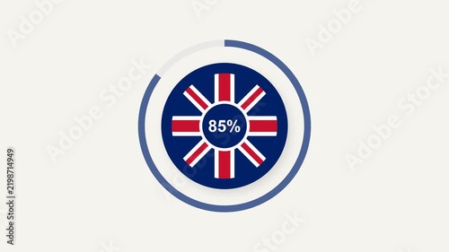 UK themed loading animation featuring a British Union Jack shield progressively forming from 0 to 100 percent. The clean geometric design uses union red white and blue colors with a smooth seamless mo