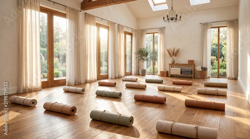 Bright modern yoga studio interior, empty fitness sanctuary with rolled mats, bright airy wellness studio with wooden floor