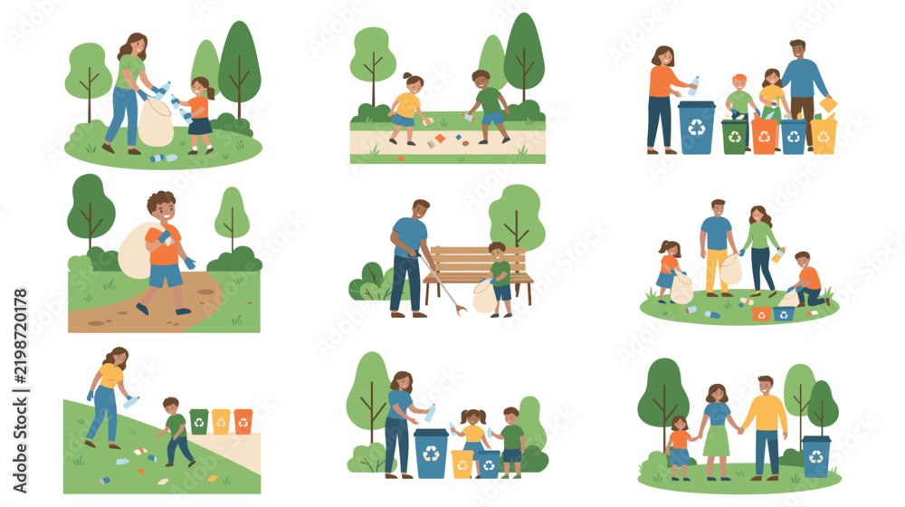 Naklejka premium Diverse community volunteers clean park green areas for ecology.