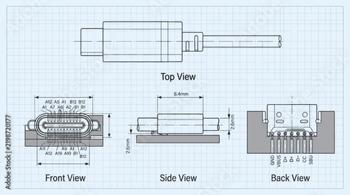 USB C technical drawing blueprint with front side back and top views CAD line art vector illustration.