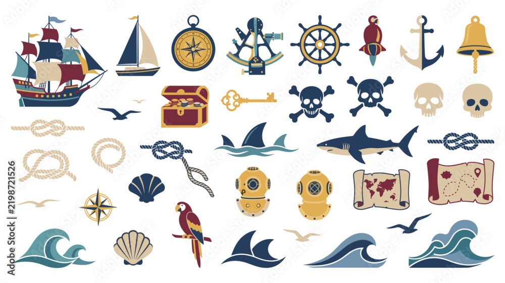 Obraz premium Pirate adventure elements set with sailing ship skull and anchor.
