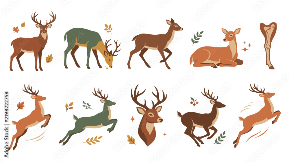 Obraz premium Forest deer and stags silhouettes running jumping and grazing.