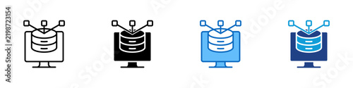 Database Structure Mapping Multiple Style Icon Design Vector - Database on monitor with connection points representing database mapping, data structure connectivity, and network configuration