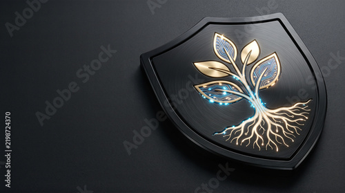 Digital shield cloud plant security protect safe nature cyber network technology data server protect system guard secure tree leaf root gold metal