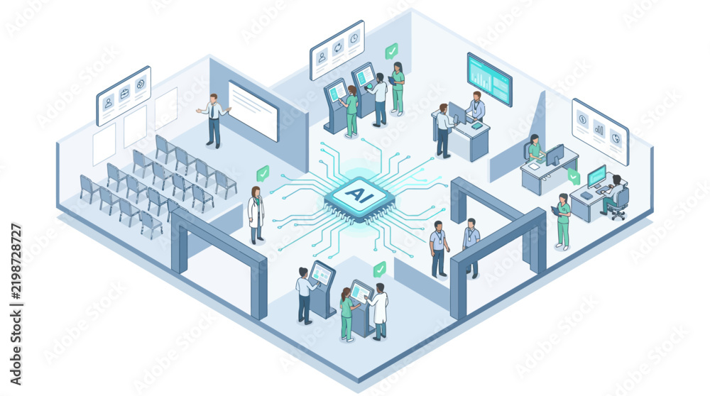 Obraz premium Isometric Smart Hospital with Artificial Intelligence Central Processor Connecting Medical Staff Doctors and Clinic Departments