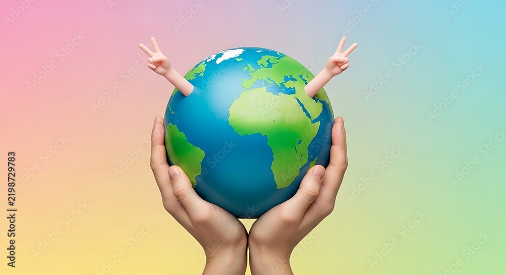 Obraz premium Hands holding a globe with peace signs on a rainbow background