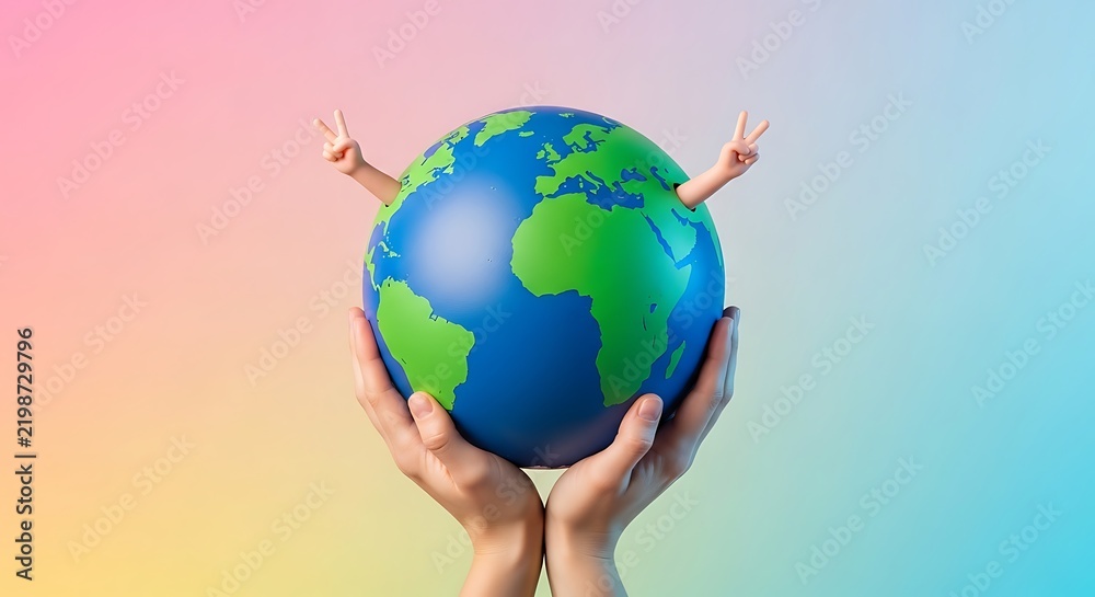 Obraz premium Hands holding a globe with a peace sign against a rainbow background
