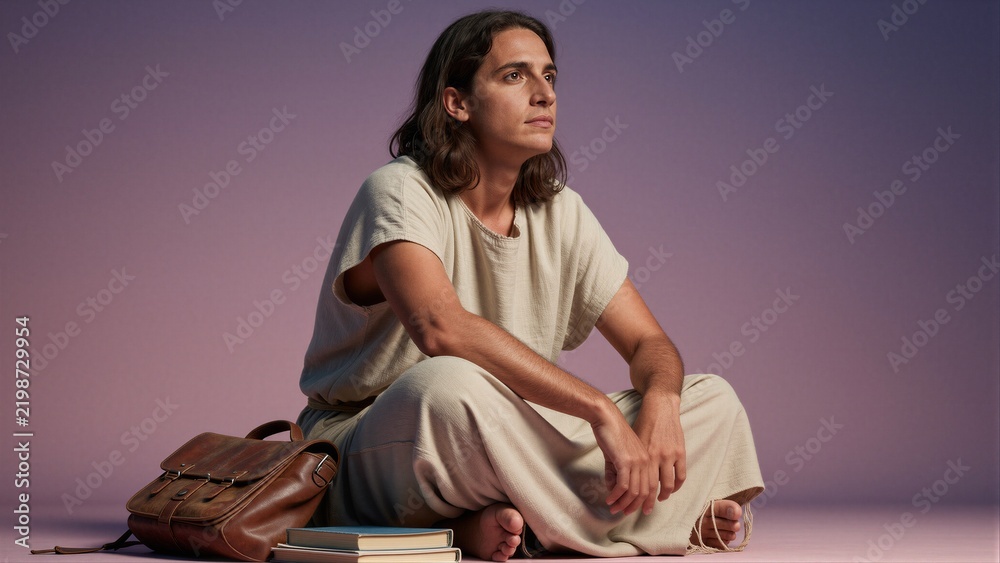 Fototapeta premium A man in historical attire sits contemplatively on a light purple floor, surrounded by books and a leather satchel in a serene studio setting.
