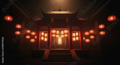 A dimly lit asian style temple entrance with lanterns