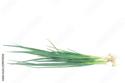 Fresh green onions with long green leaves and roots isolated on a white background, representing fresh vegetables, healthy ingredients, cooking, and natural food.