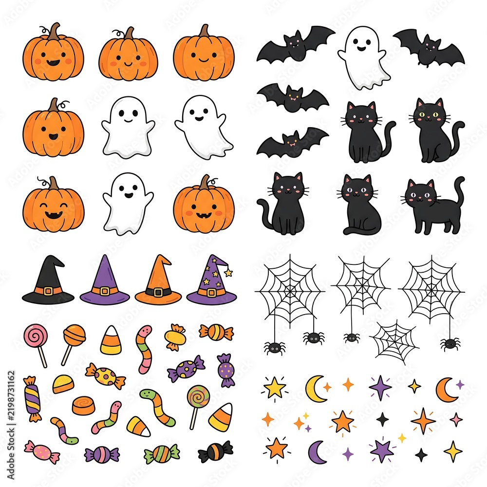 Fototapeta premium Halloween icons vector collection with cute pumpkins, ghosts, black cats, bats, candy, and spiderwebs