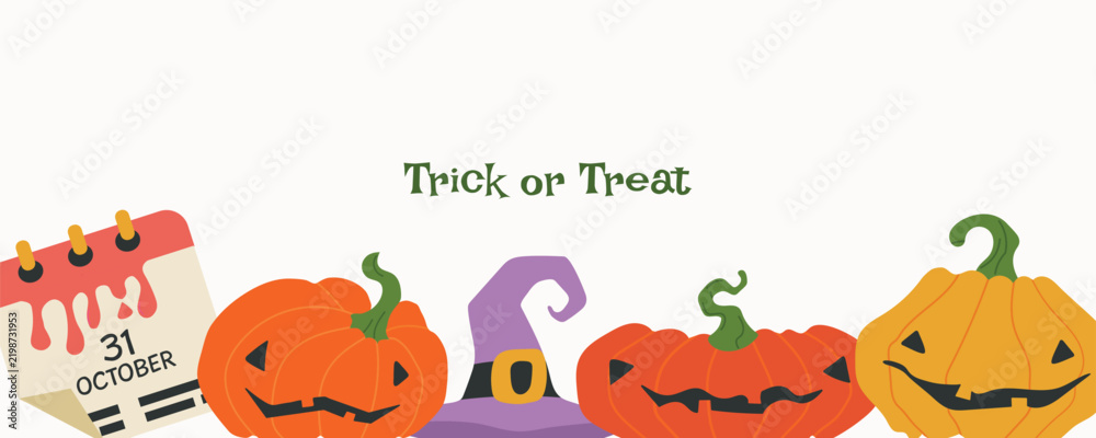 Fototapeta premium A horizontal Halloween celebration banner featuring a collection of creepy jack o lantern pumpkins, a purple witch hat, a calendar page marked October 31