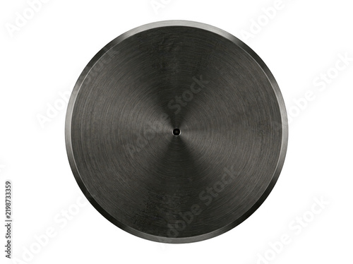 Sleek black circular metal plate with a polished reflective surface on transparent background.