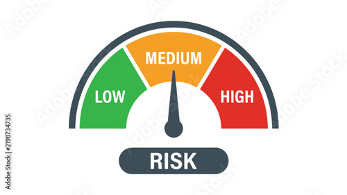 Colorful risk assessment gauge vector illustration displaying low medium and high levels with a centered indicator needle on white background