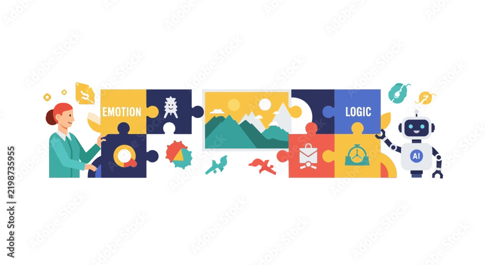 Fototapeta premium AI and Human Collaboration Concept with Logic and Emotion Puzzle Pieces