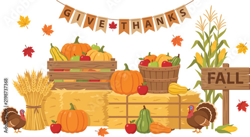 Autumn harvest display with pumpkins hay bales and turkeys with give thanks banner pumpkins thanksgiving seasonal decoration agriculture