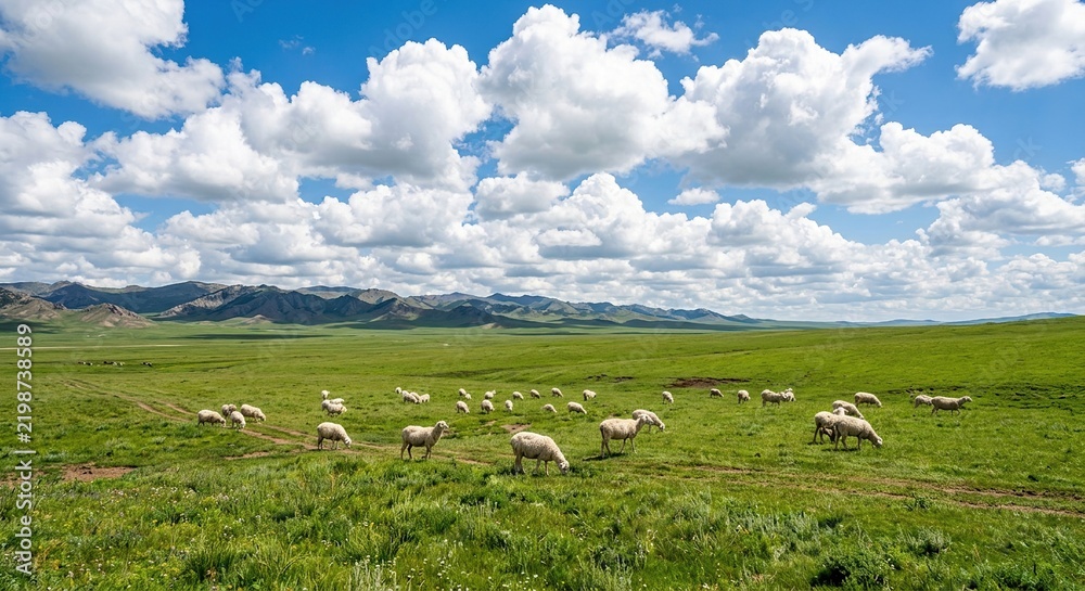 Fototapeta premium Herd of Sheep Grazing on Vast Green Grassland Under Blue Sky