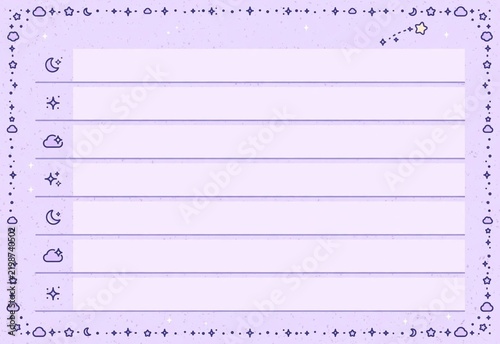 Kawaii pastel celestial stationery illustration of a blank lined notepad with a decorative border of stars, moons, and clouds, creating a dreamy and magical aesthetic for digital journaling or printab