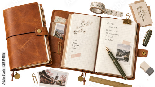 Japanese traveler notebook set, leather journals with paper inserts pen and ruler, cognac brown leather, no branding. Studio shot isolated on white background for travel journal and lifestyle design.