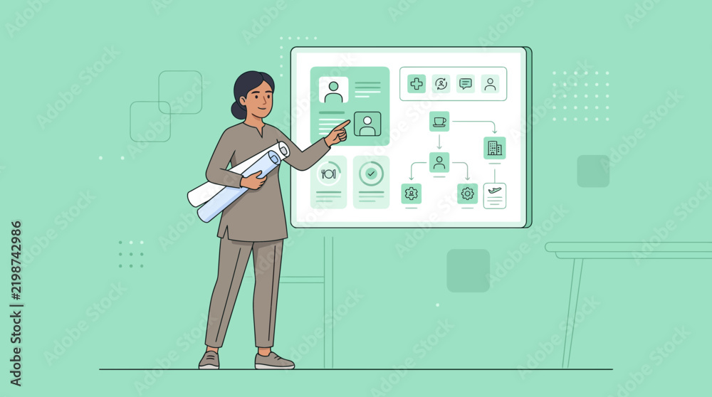 Fototapeta premium Woman presenting workflow flowchart on digital whiteboard, isolated on transparent background