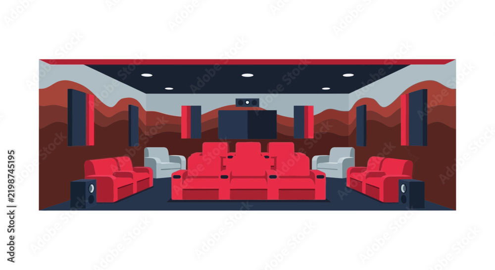 Obraz premium Modern Home Theater Interior Flat Vector Illustration with Red Cinema Seats and Acoustic Panels