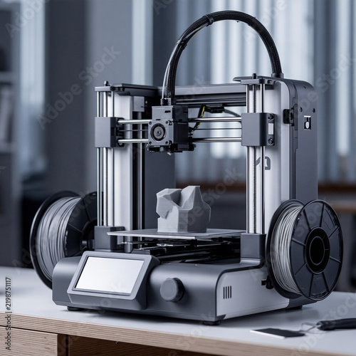 Plakat Open frame desktop 3D printer with filament spools on a workshop bench