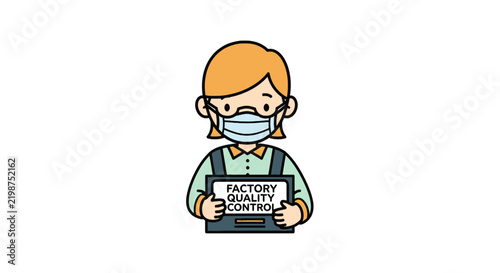 Cartoon woman wearing face mask holding sign.