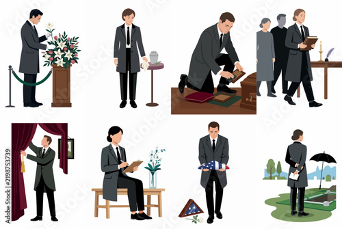 Картината върху платно Flat illustration set of funeral directors and morticians performing professional duties during burial, cremation, and memorial services