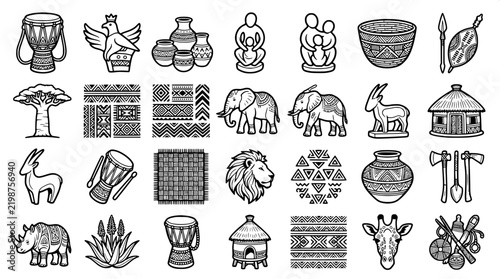 Zimbabwe Traditional Culture Black and White Vector Icon Set
