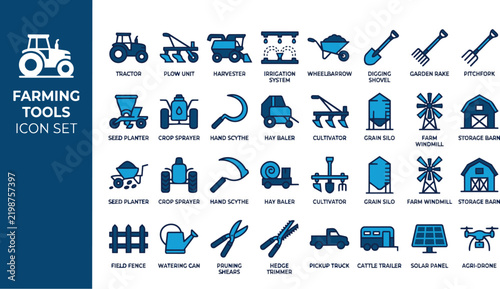 Farming tools and equipment icon set illustration