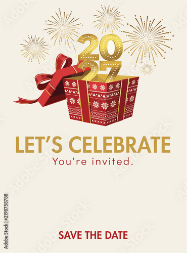 Festive 2027 Celebration Invitation with Gift Box Fireworks and Elegant Save the Date Typography