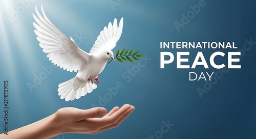 International peace day dove flying with olive branch