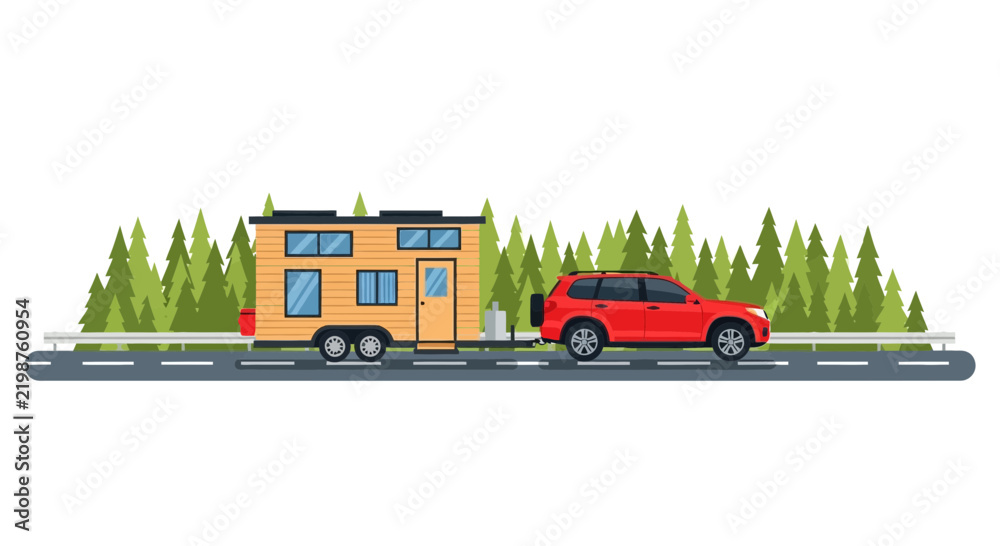 Obraz premium Red SUV Towing a Mobile Tiny House Along a Forested Highway
