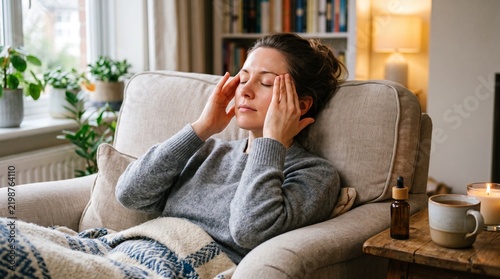 Woman suffering from headache massaging temples while sitting in armchair with blanket and herbal tea