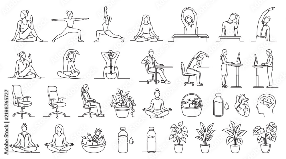 Obraz premium Workplace Wellness and Office Yoga Minimalist One Line Drawing Set