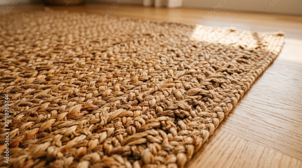 Obraz premium Woven jute rug texture resting elegantly on polished wooden flooring during a warm sunny afternoon glow