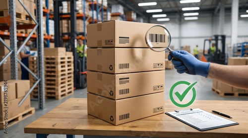 Hand uses magnifying glass to inspect barcodes on warehouse boxes