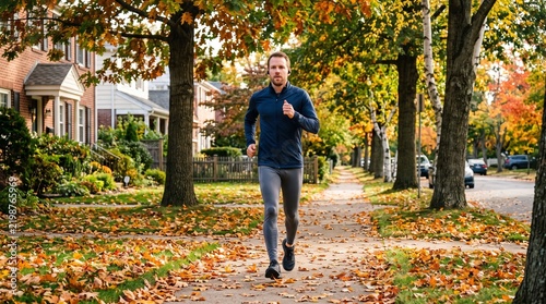 Man running on sidewalk lined with colorful autumn trees and fallen leaves in a suburban neighborhood