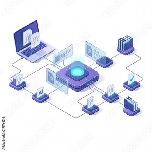 Isometric artificial intelligence data processing network on white