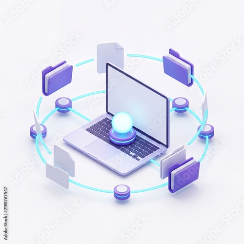 Laptop connected to digital folders in a circular network